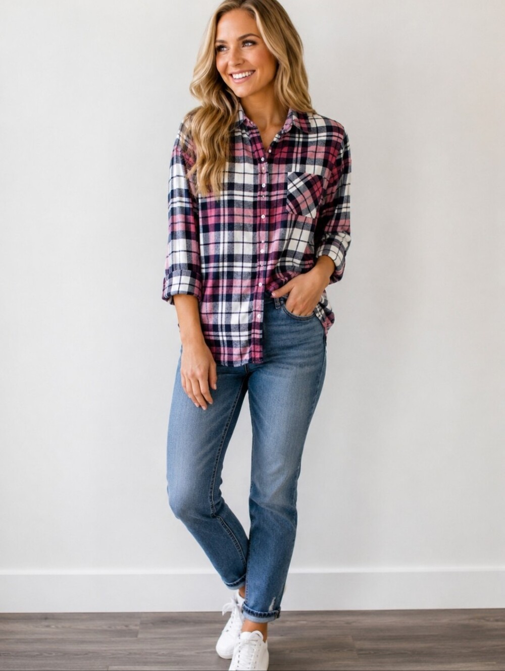 Banana Republic Factory Boyfriend Fit Blue White Pink Plaid Flannel Shirt-Small
